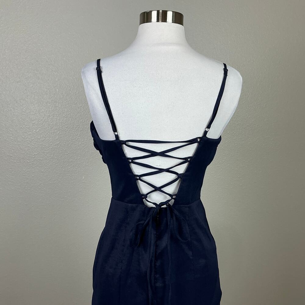 Blondie Nites Navy Blue Evening Gown Satin Lace Up Formal Mermaid Dress Size 7 - Picture 9 of 12